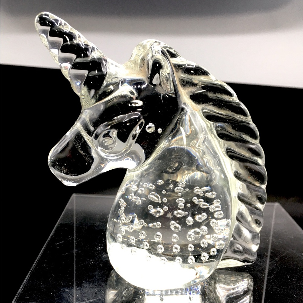 1970s Clear Controlled Bubble Blown Glass Unicorn, 3.5” Tall